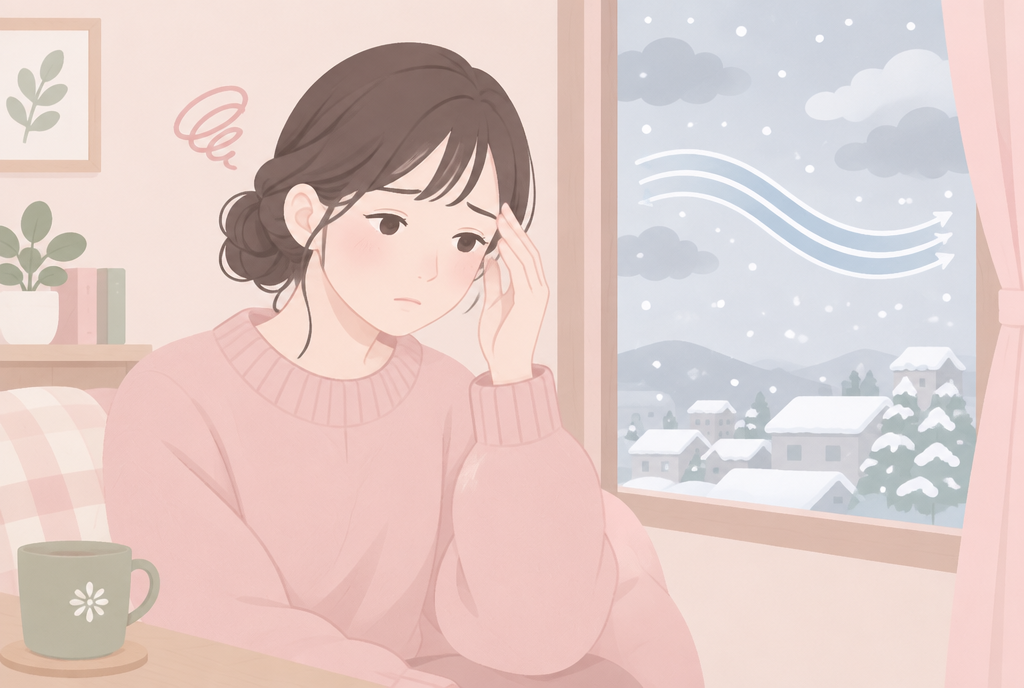 冬の低気圧で頭痛を感じてこめかみを押さえる女性と気圧の変化を表す窓の外のイラスト