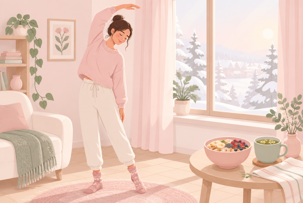 冬の朝に軽いストレッチをしバランスのよい朝食とお茶を用意する女性のイラスト