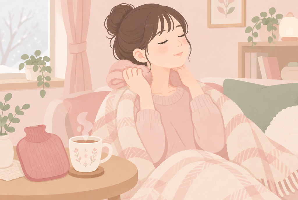 温めたタオルで首を温め湯たんぽと温かい飲み物でセルフケアする女性のイラスト