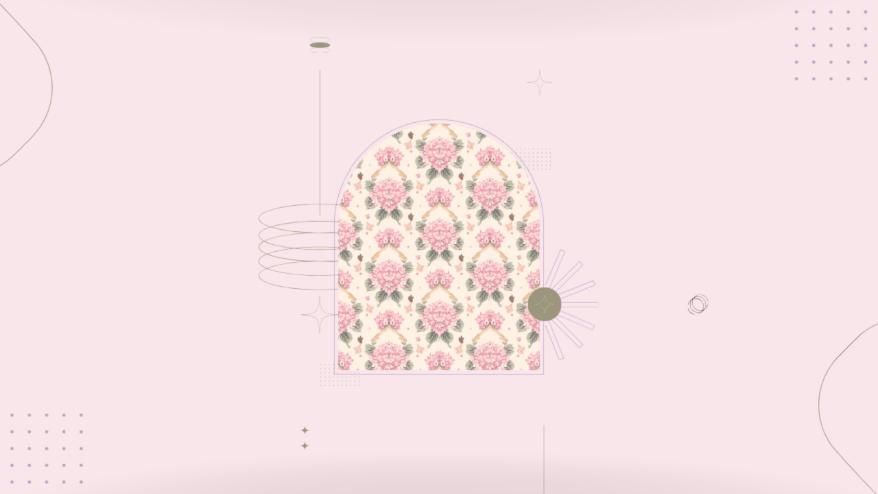 アーチ型の枠にピンクのあじさいを描いたイラスト