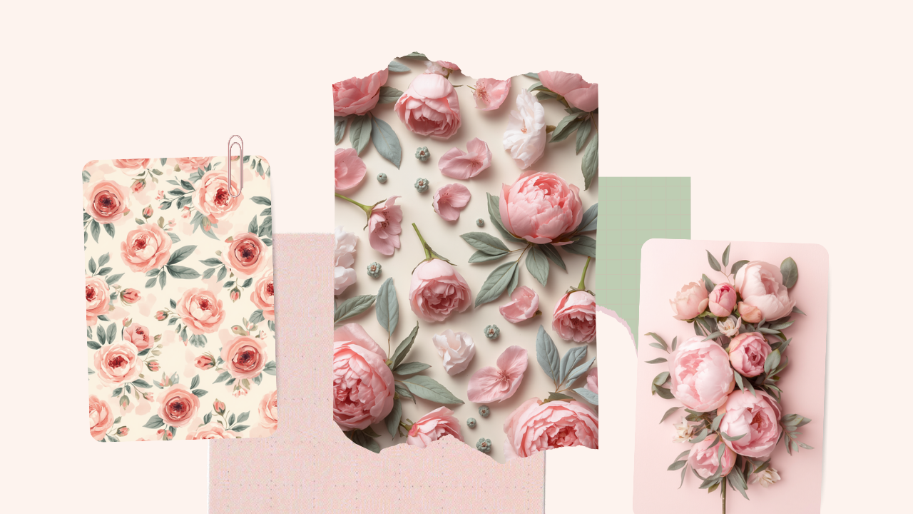 ピンクの牡丹やバラの花柄をあしらったやさしいイラスト