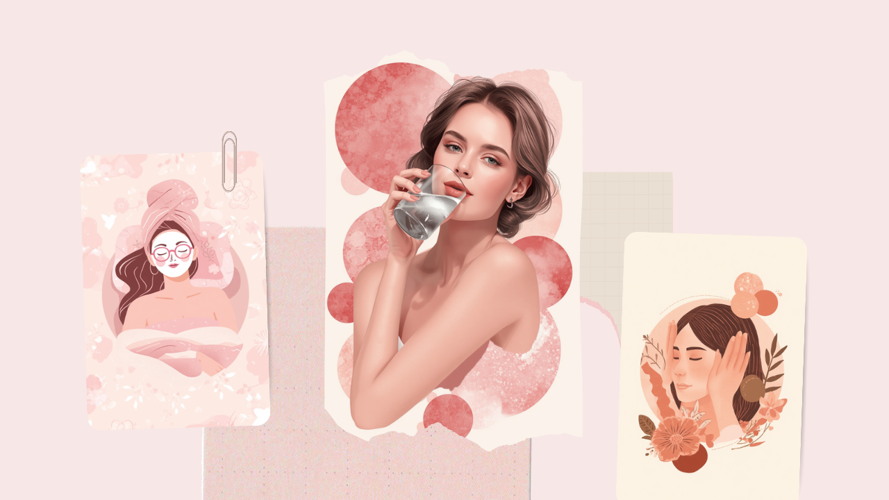 マスク・水分補給・顔まわりのケアをする女性を描いた、つらい日の対処法のイラスト