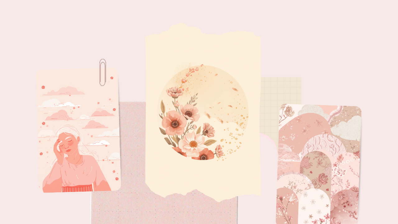 頭に手をあてる女性と花粉・雲を描いた、花粉症と気象病が重なる原因のイラスト