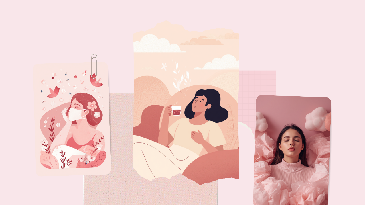 花粉症と気象病が重なるイメージ。マスクの女性・くつろぐ女性・雲を描いた淡いピンクのイラスト