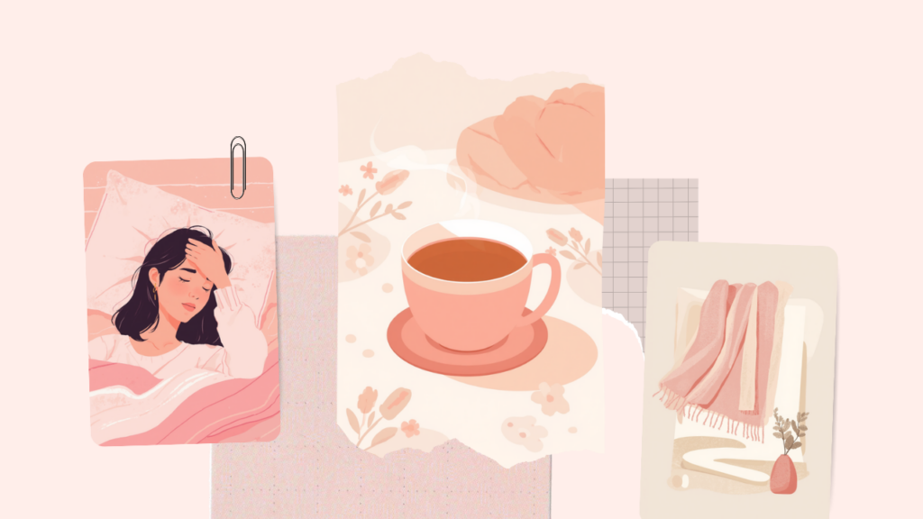 寒暖差疲労でだるさを感じる女性と温かいお茶やブランケットのイラスト
