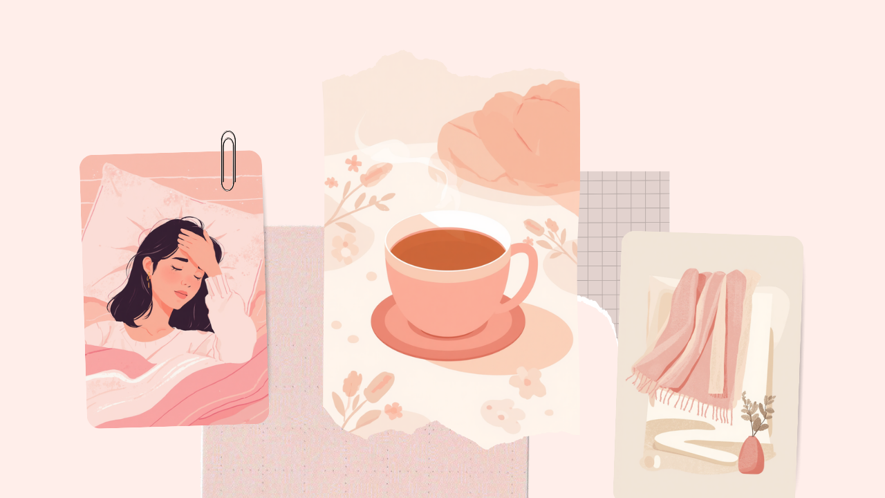 寒暖差疲労でだるさを感じる女性と温かいお茶やブランケットのイラスト
