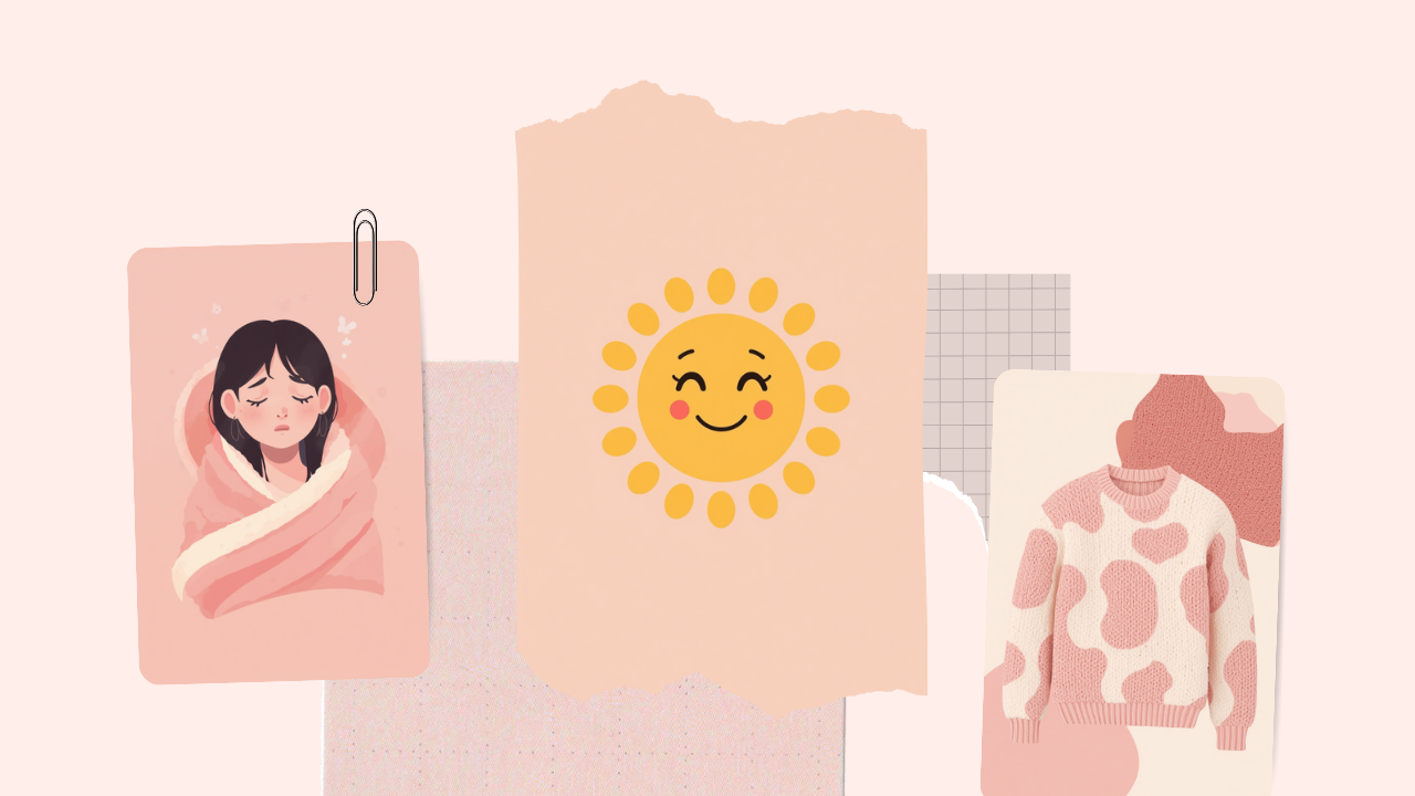 寒暖差でブランケットにくるまる女性と太陽・ニットのイラスト