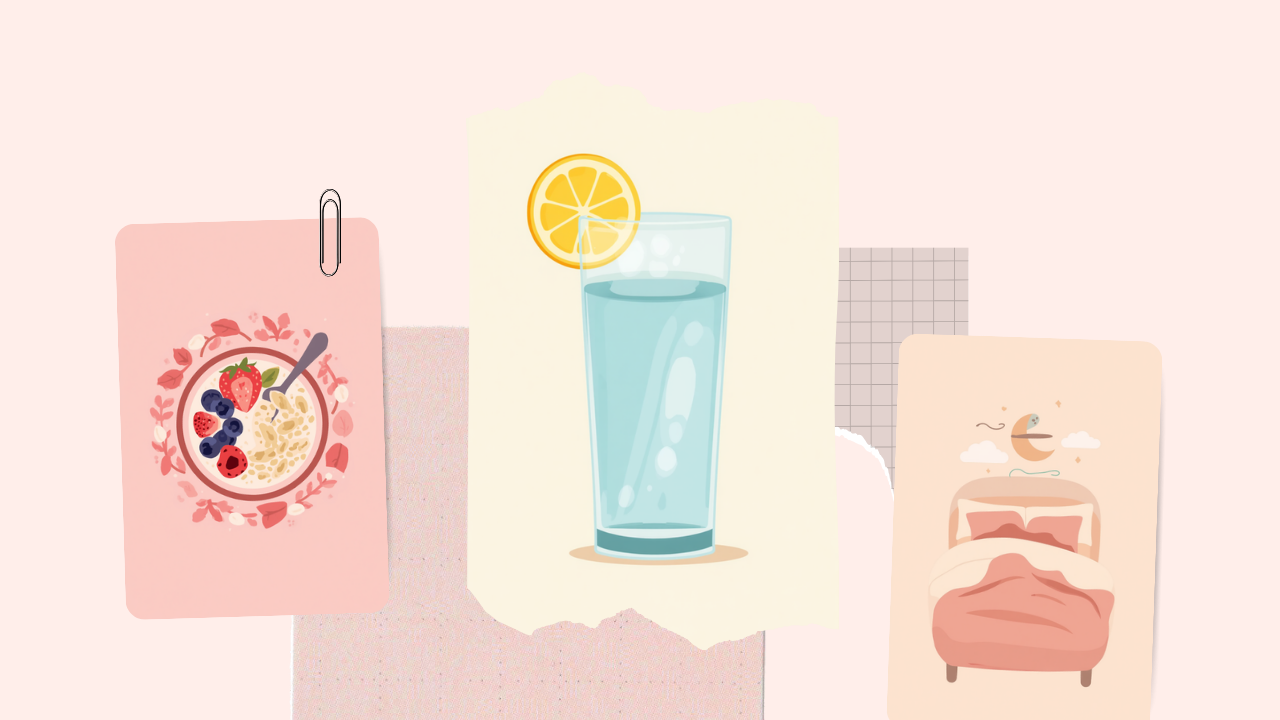 朝食ボウル・レモン水・ぐっすり眠るベッドの生活習慣イラスト