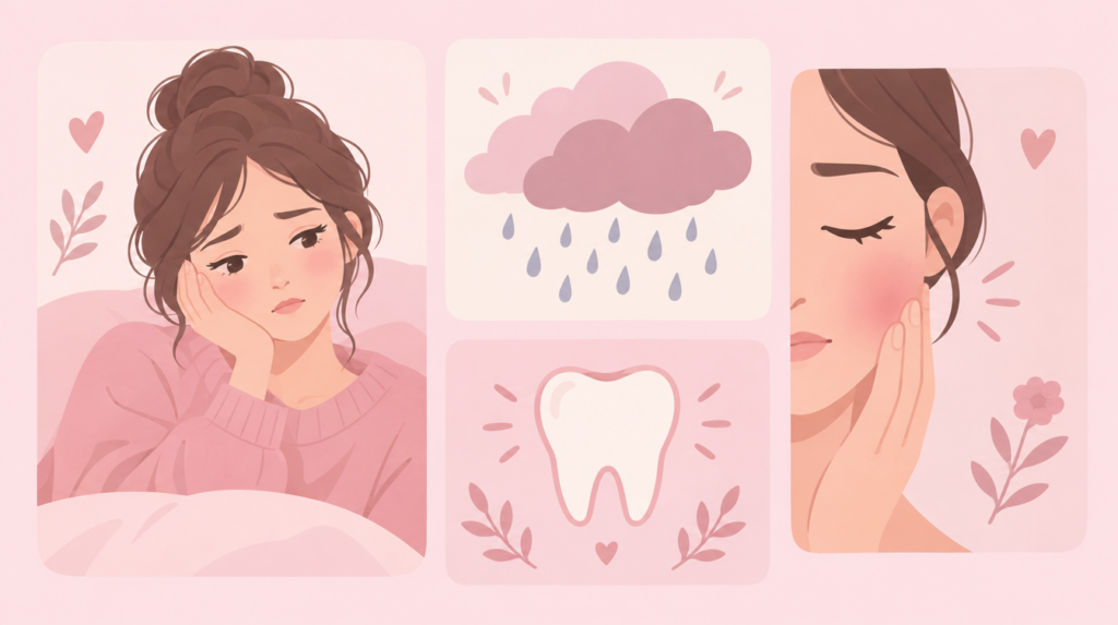 頬に手を当てて不調そうにする女性と雨雲・歯のイラスト（気圧性歯痛のイメージ）