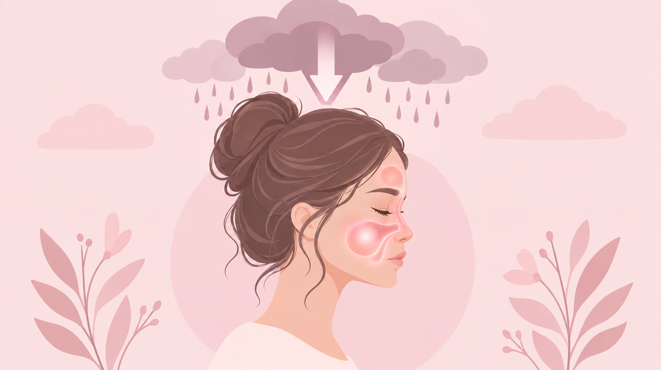 低気圧で気圧が下がり副鼻腔や頬に圧がかかる仕組みのイラスト