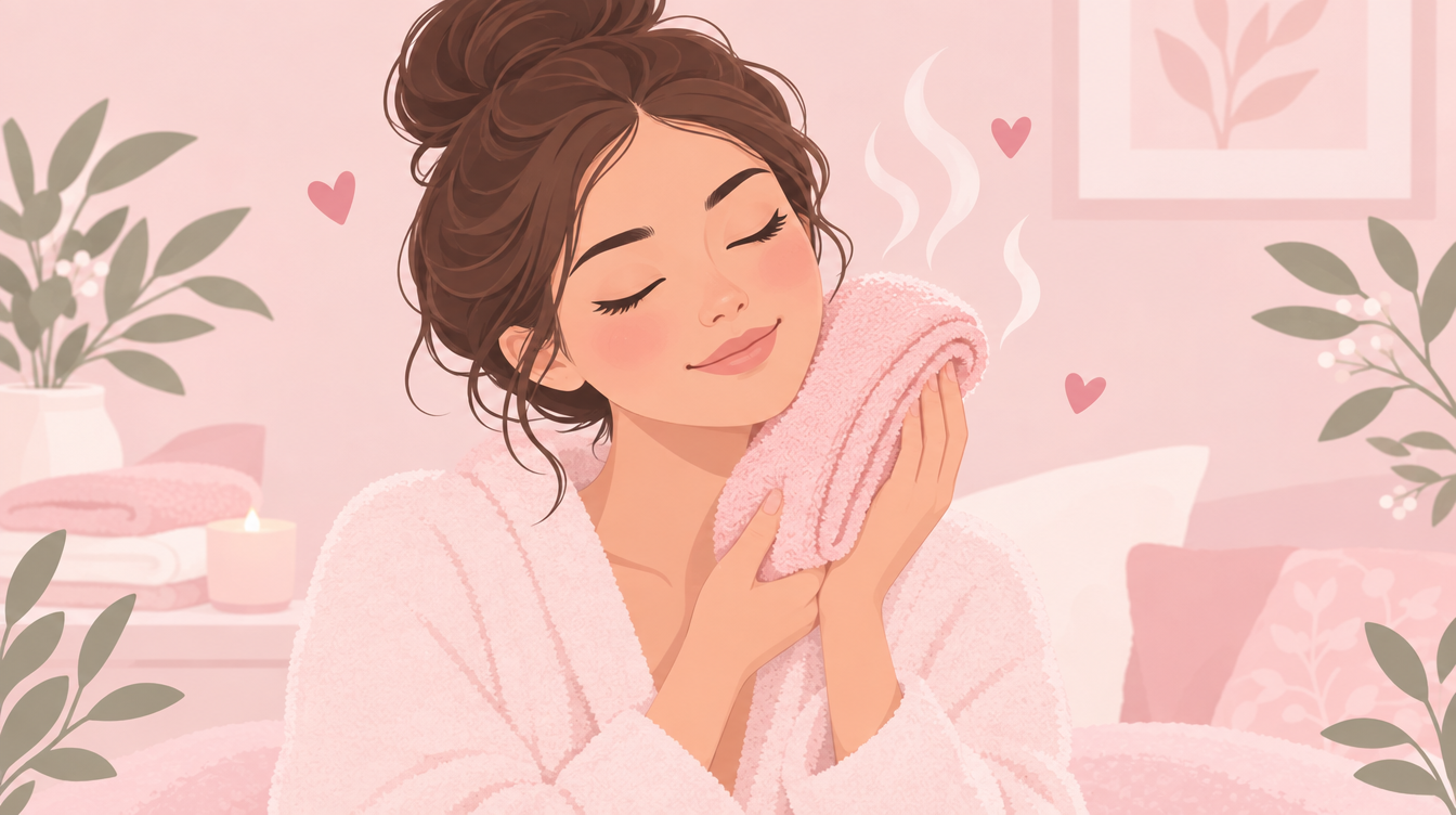 蒸しタオルを頬に当ててリラックスする女性のイラスト