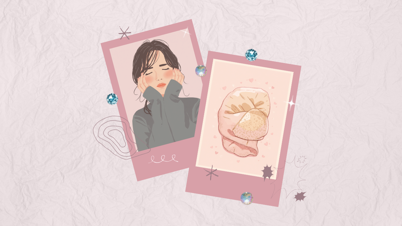 寒さでつらそうな女性と、冷えた手を温める様子を描いた淡いピンクのイラスト