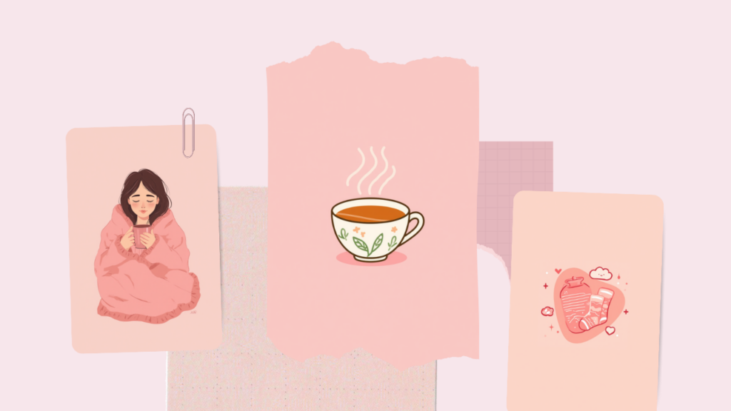 毛布にくるまって温かい飲み物を持つ女性やハーブティー、湯たんぽと靴下を描いた淡いピンクのイラスト