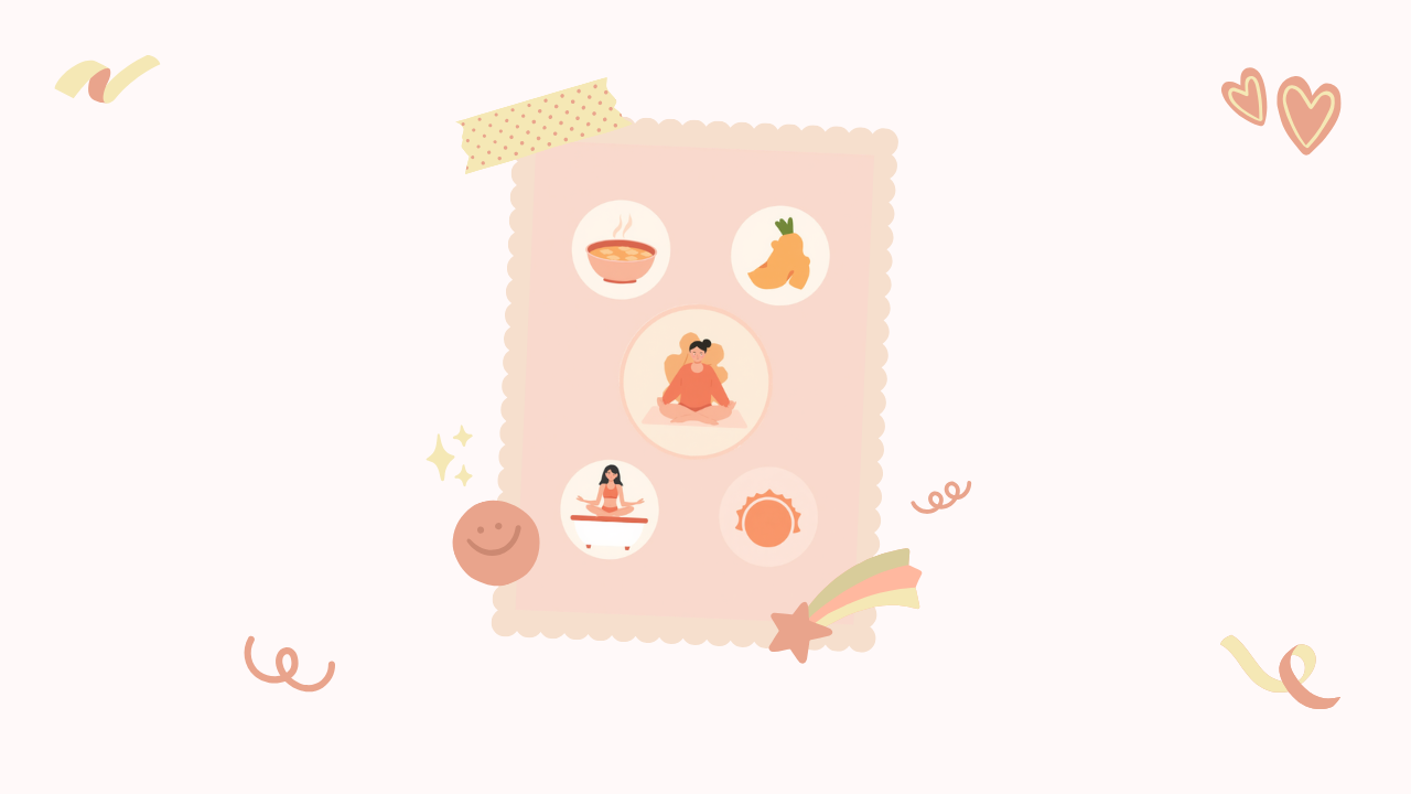 温かいスープやしょうが、ストレッチ、入浴、朝日など温活の生活習慣を描いた淡いピンクのイラスト