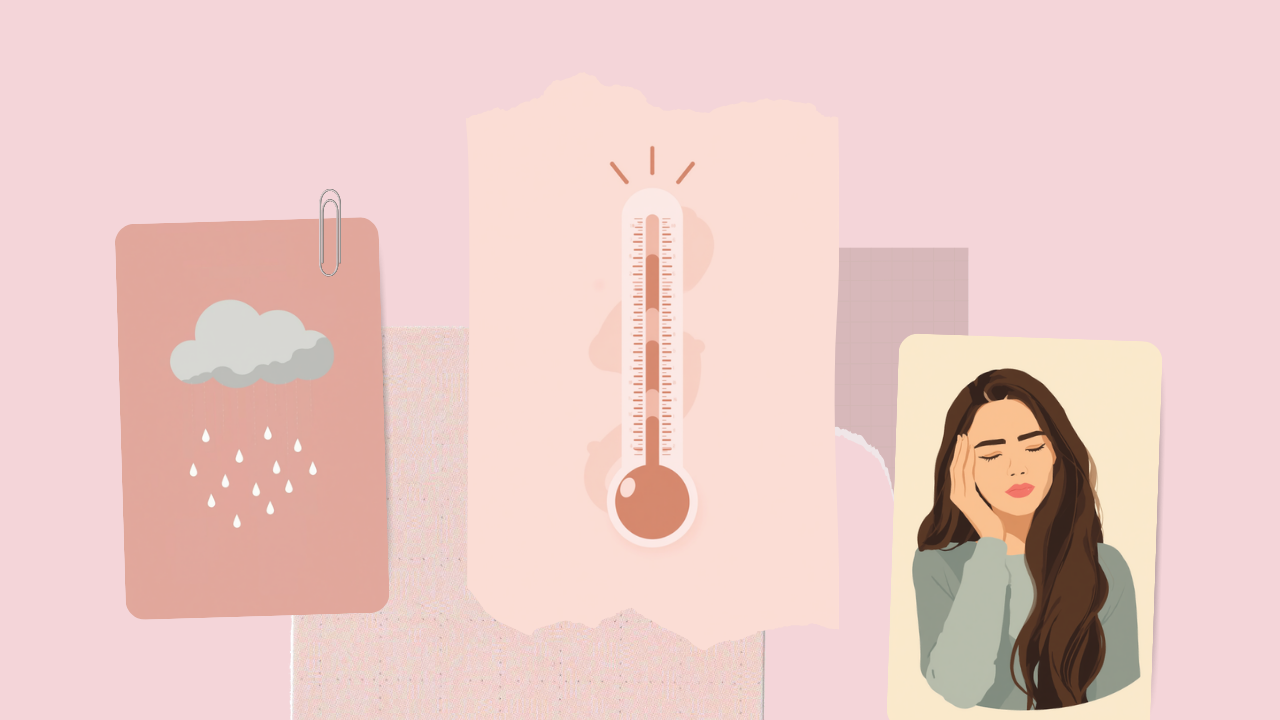 雨雲と気温計、頭に手を当ててつらそうな女性のイラスト