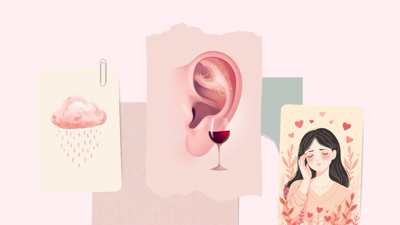 雨雲と内耳とワイングラス、頭痛を感じる女性のイラスト。気象病とアルコールの関係