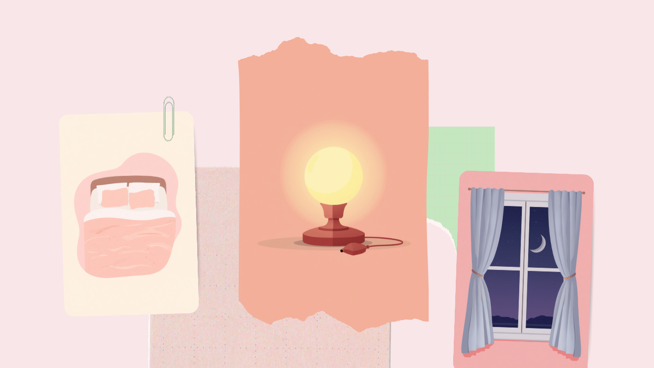 整えられたベッド・やわらかな明かりの照明・夜の窓を描いた寝室のイラスト