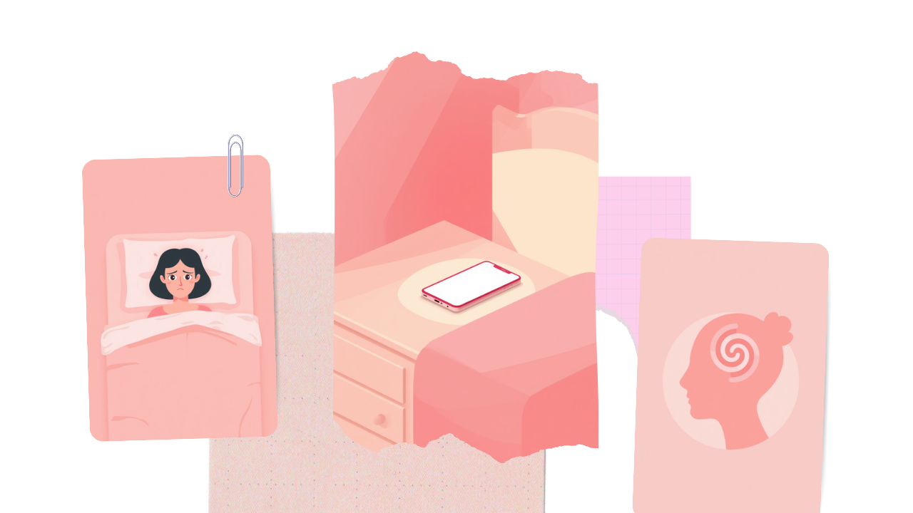 ベッドで眠れない女性・スマホ・頭の中が忙しい様子を描いたイラスト