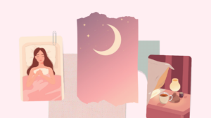 夜ぐっすり眠る女性・三日月・温かい飲み物を描いた淡いピンクのイラスト
