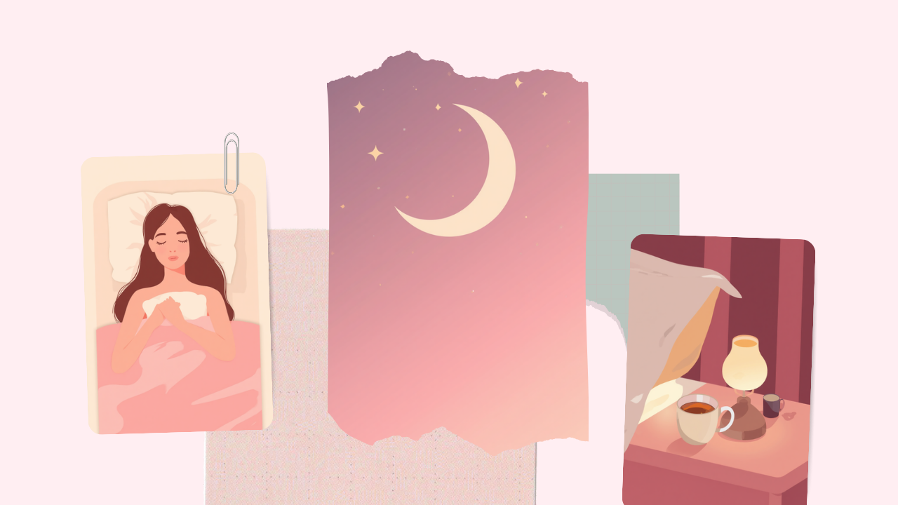 夜ぐっすり眠る女性・三日月・温かい飲み物を描いた淡いピンクのイラスト
