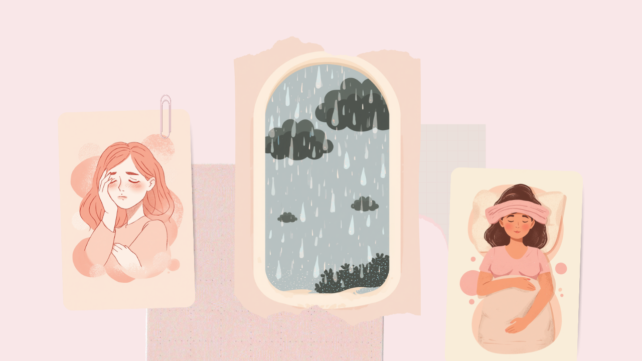額を押さえてつらそうな女性、雨の降る窓、額に布をのせて横になる妊婦さんを描いた気象病のイラスト