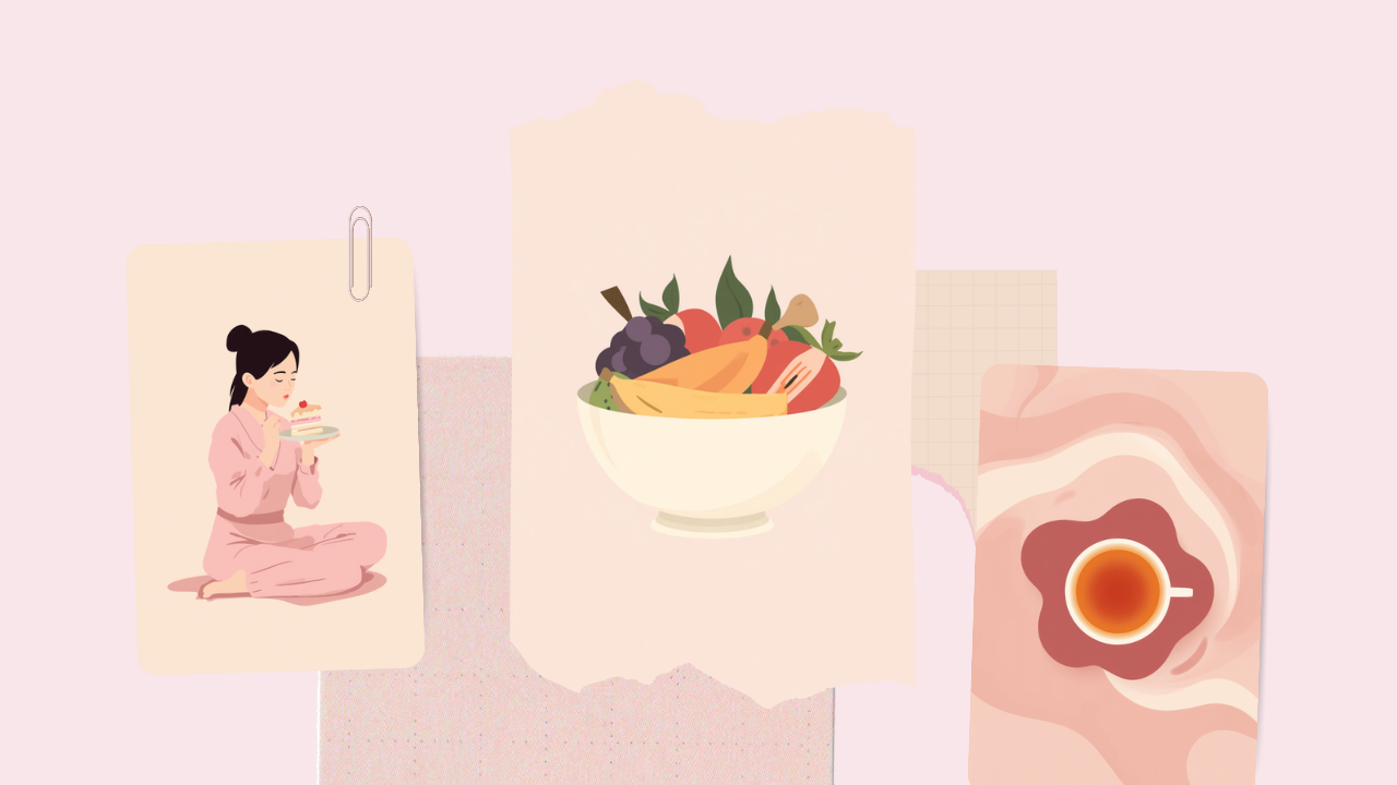 ケーキを見つめる女性と果物のボウル、温かいお茶を描いた淡いピンクのイラスト