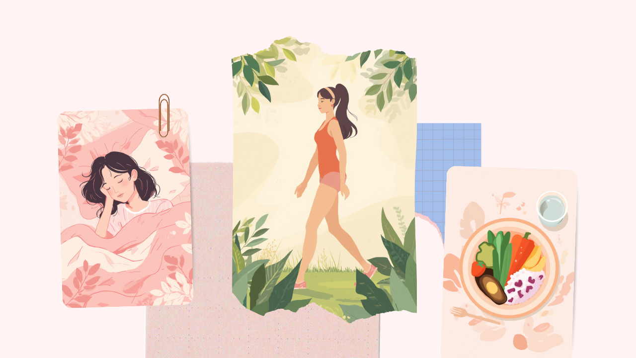 ぐっすり眠る女性と朝の散歩、バランスのよい食事を描いた淡いピンクのイラスト
