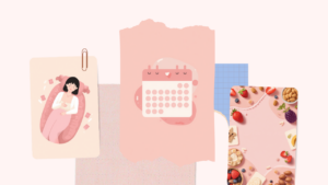 生理前にリラックスする女性と生理周期カレンダー、果物やお茶を描いた淡いピンクのイラスト