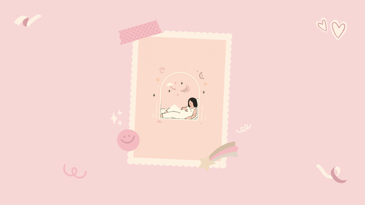 部屋着の女性が横になって休みお腹に手を添える様子と月の満ち欠けを描いたイラスト