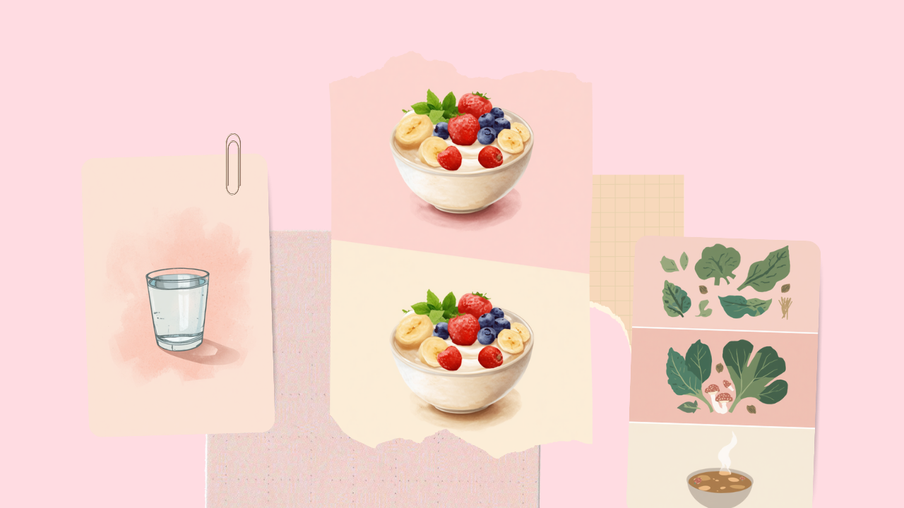 水・ヨーグルト・バナナ・葉物野菜・みそ汁など腸活によい食べ物と飲み物のイラスト