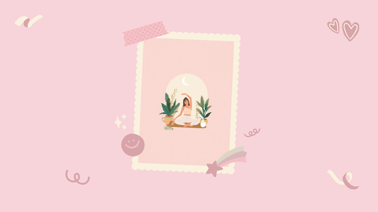 ヨガウェアの女性が軽くストレッチをして観葉植物や白湯とともにリラックスするイラスト