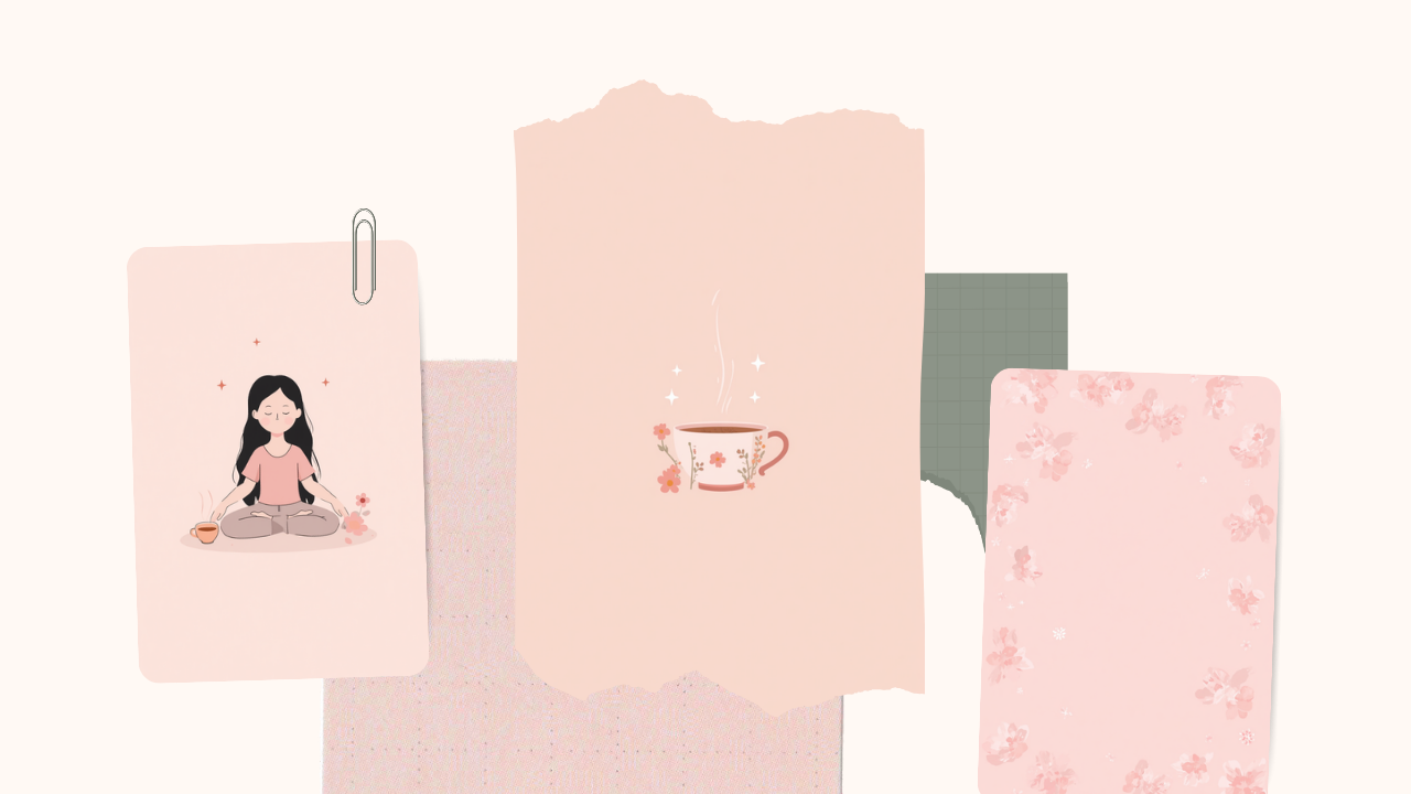 深呼吸をしてリラックスする女性と温かいお茶のイラスト
