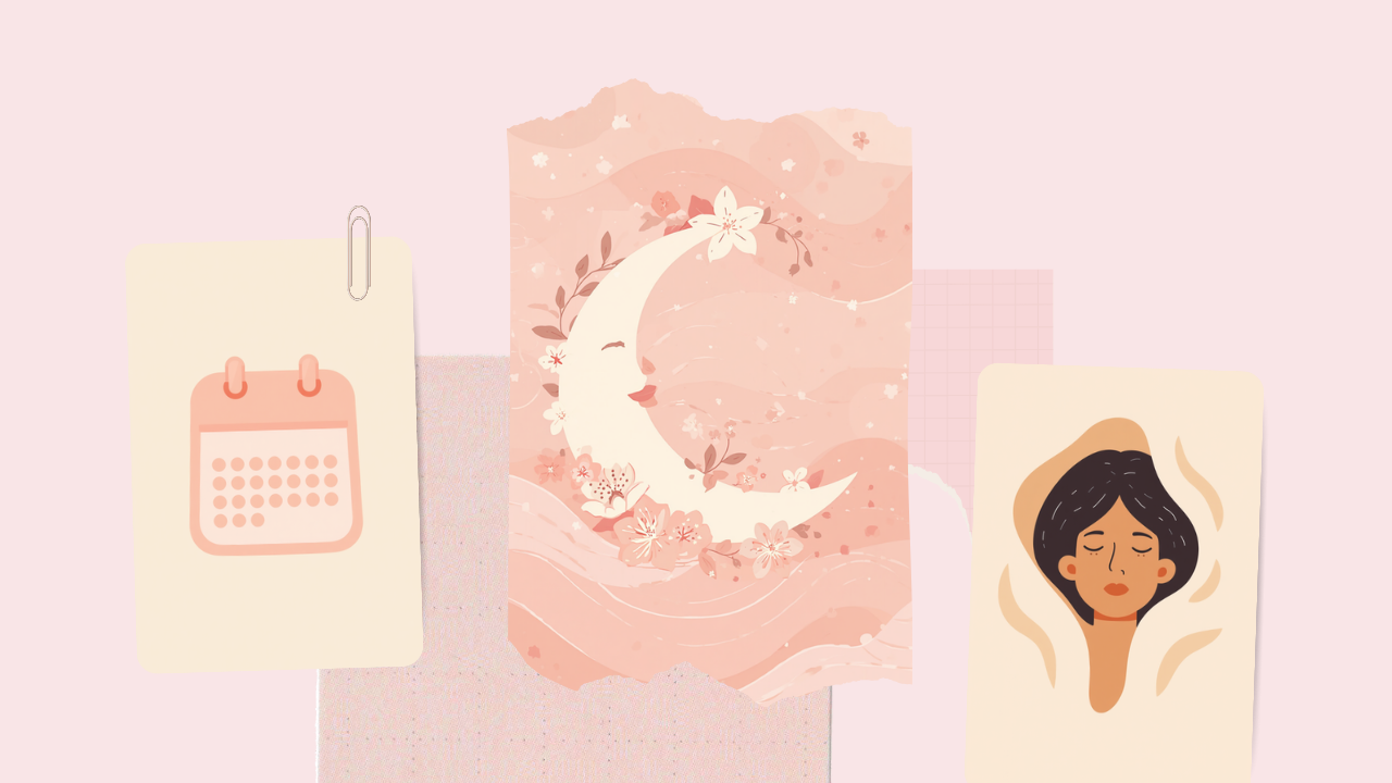 カレンダーと三日月・眠る女性を描いた生理周期とホルモン変化のイメージイラスト