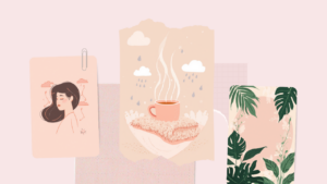 低気圧の日にリラックスする女性と雨雲・温かい飲み物を描いた淡いピンクのイラスト