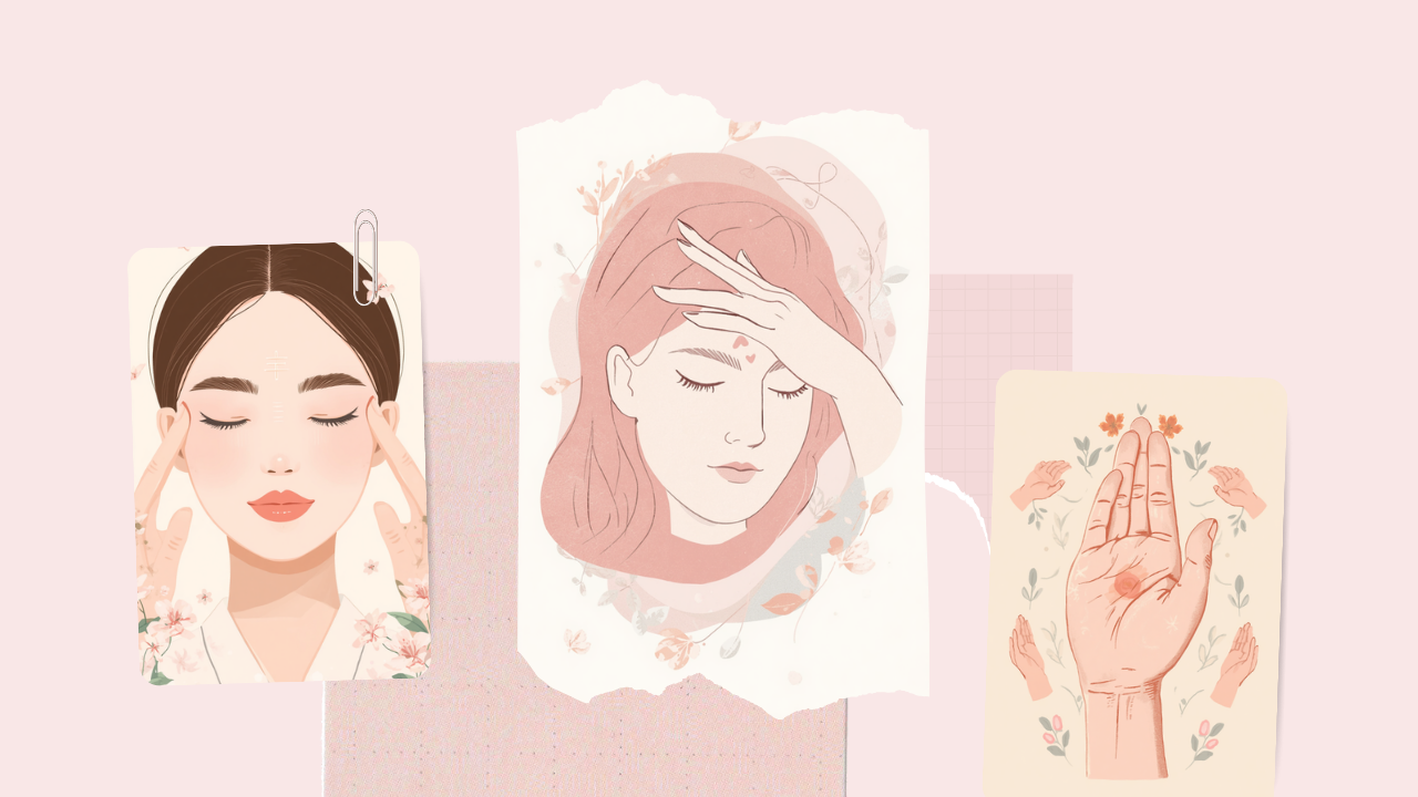 小鼻のわきやこめかみ・手のツボを押してセルフケアする女性のイラスト