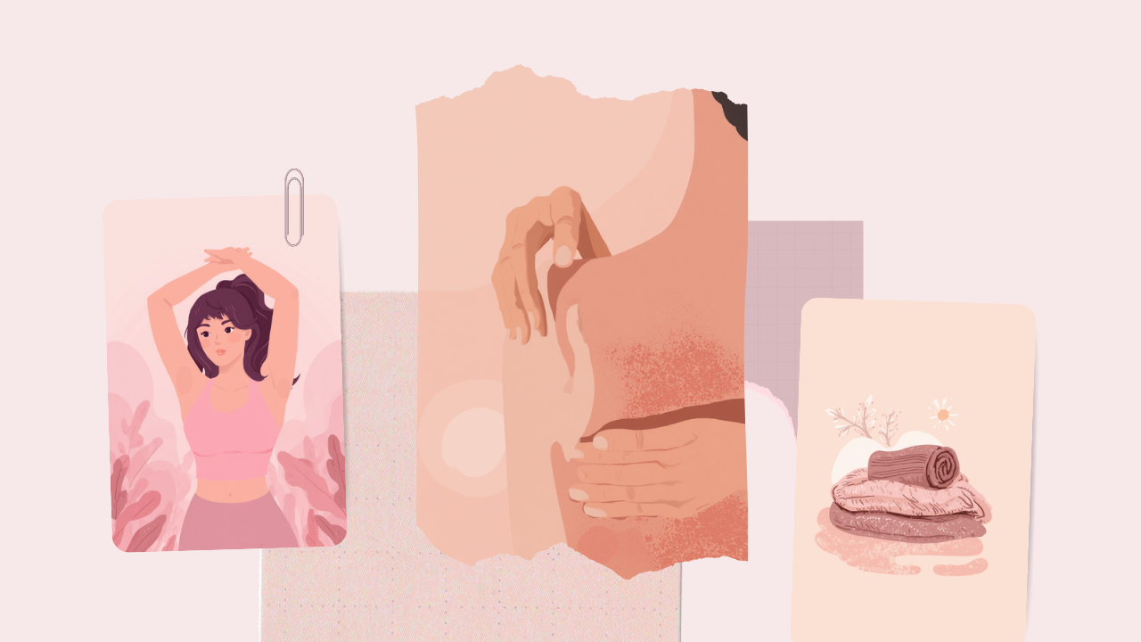 肩や首のストレッチとツボ押しでセルフケアをする女性のイラスト