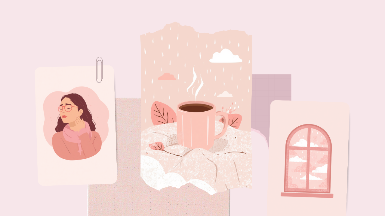 低気圧の日に肩や首のこりを感じる女性のイラスト