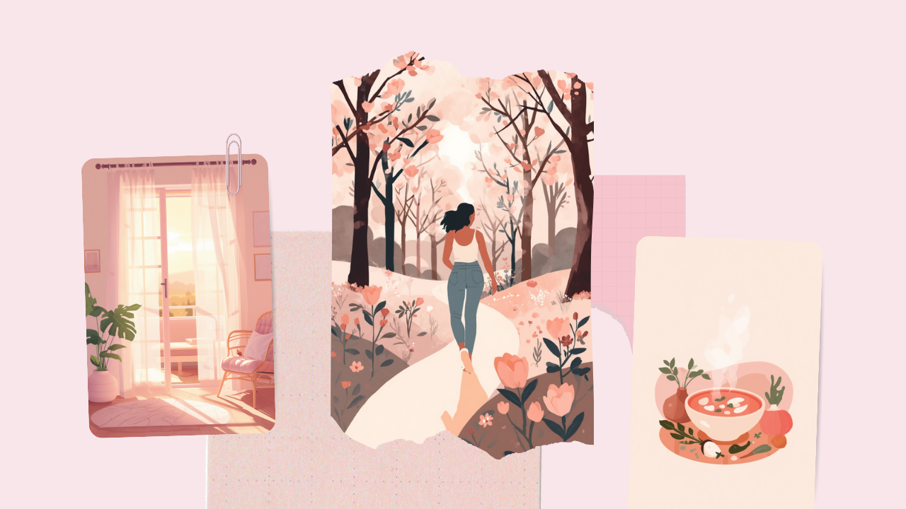 天気に負けない体をつくる生活習慣のイラスト。朝日の差す窓・公園を散歩する女性・温かいスープ