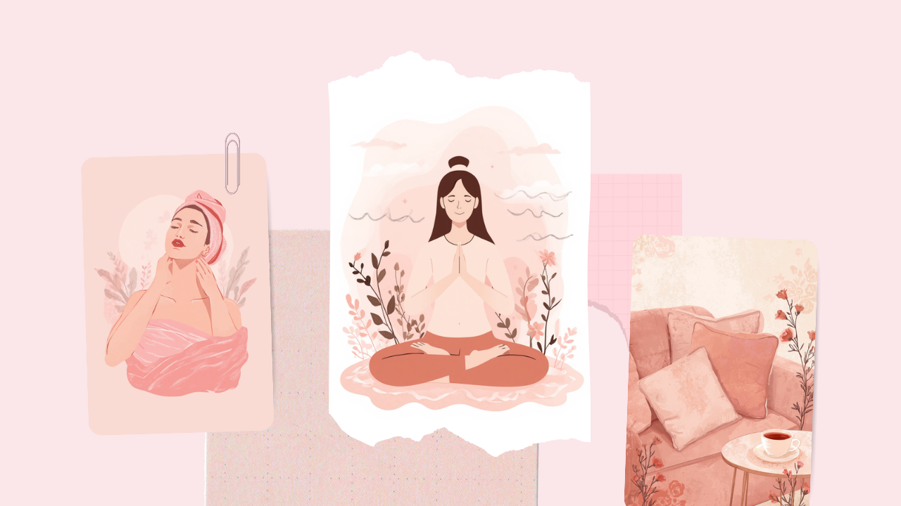 低気圧の日のセルフケアのイラスト。首を温める・深呼吸・温かいお茶でリラックスする女性