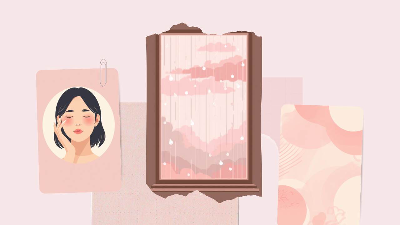 低気圧で目が疲れる・かすむ仕組みを表した雨の日と女性のイラスト