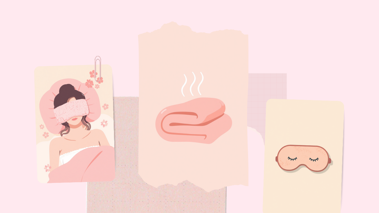 蒸しタオルやアイマスクで目を温めてケアする女性のイラスト