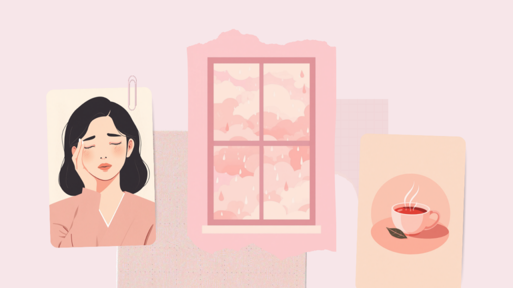 低気圧による目の疲れやかすみをやさしいピンクで表現したイラスト