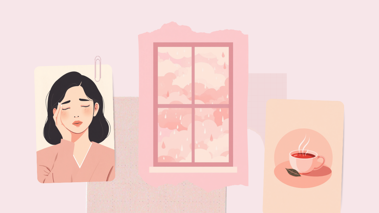 低気圧による目の疲れやかすみをやさしいピンクで表現したイラスト