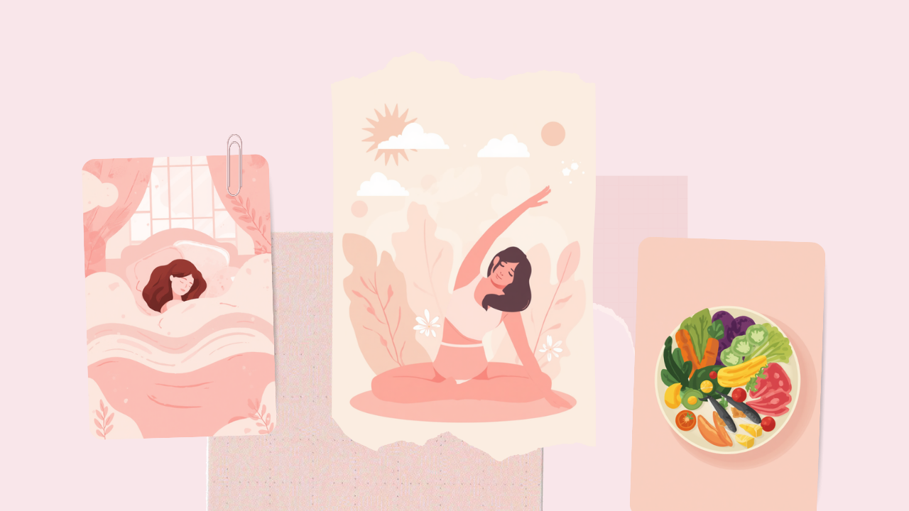 睡眠・ストレッチ・食事など目の不調を防ぐ生活習慣のイラスト