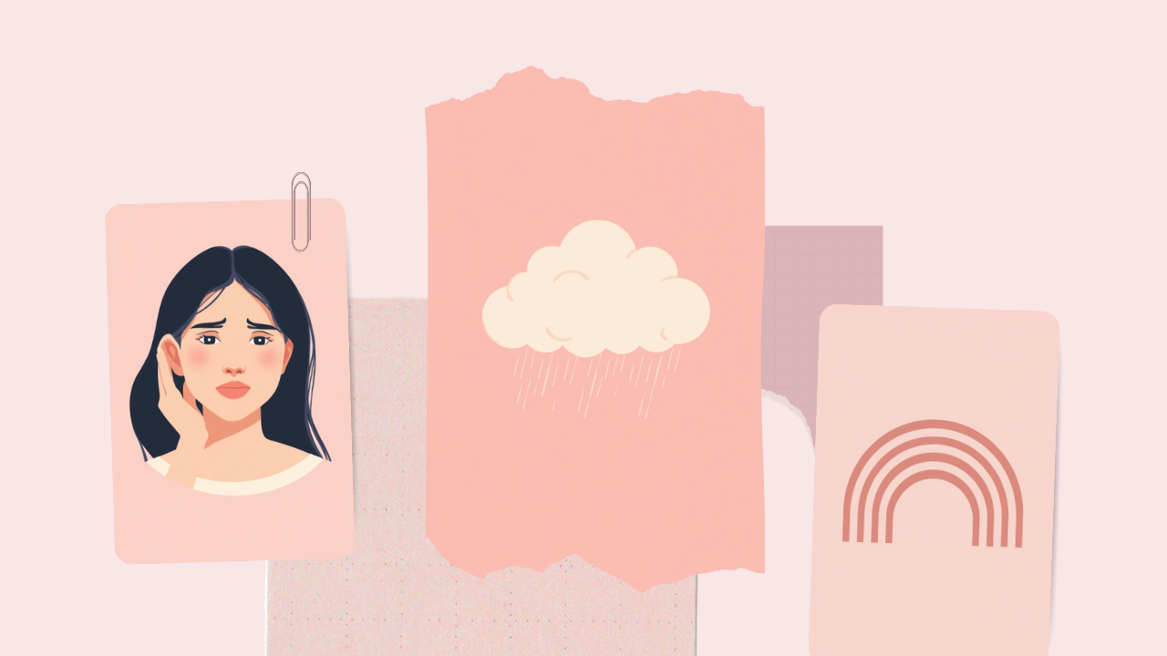 耳に手を当ててつらそうな女性、雨雲、音の波をあらわす淡いピンクのイラスト