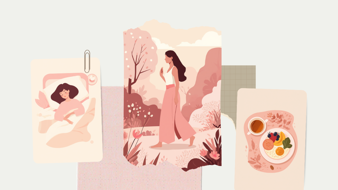 睡眠・散歩・朝ごはんなど生活習慣を整える女性の淡いピンクのイラスト