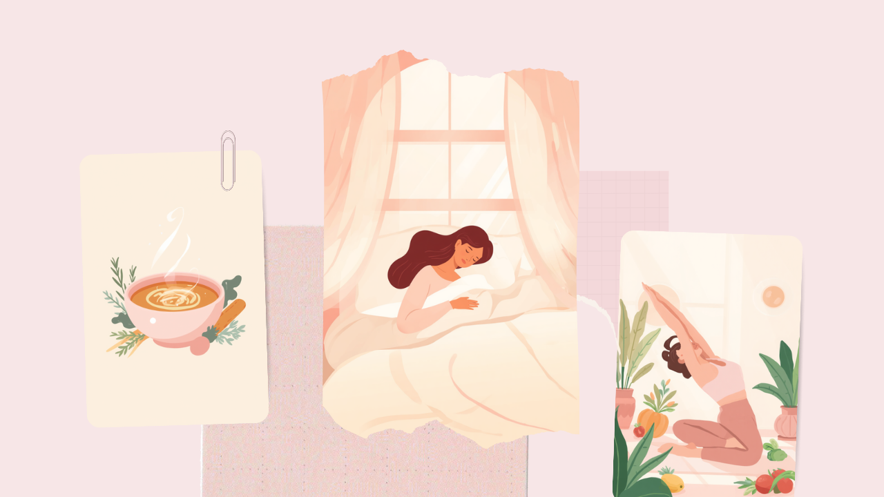温かいスープと睡眠、軽いストレッチなど生活習慣のイラスト