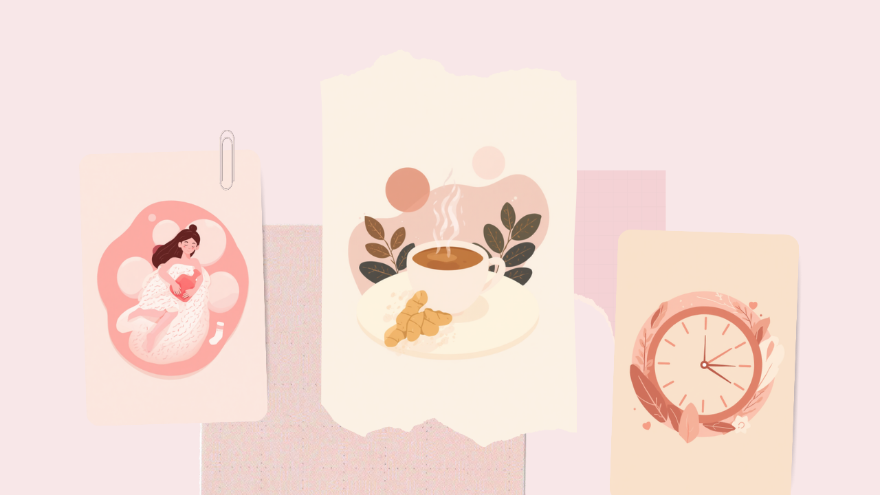 湯たんぽでお腹を温めて休む女性と生姜入りの温かいお茶のイラスト