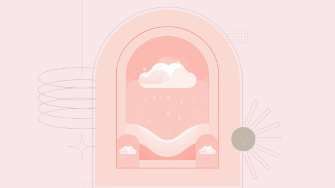 気圧の波と雨雲を描いた淡いピンクのイラスト