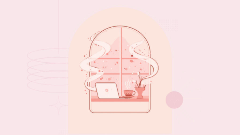 雨の窓辺でノートパソコンに向かう淡いピンクのイラスト